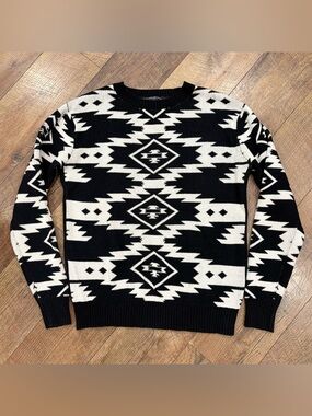 The Narrows Vintage Black White Aztec Tribal Southwest Maser Pullover Sweater S